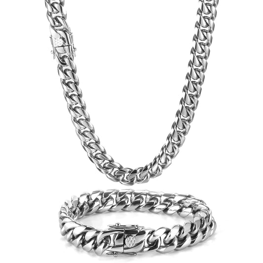 NOXMAJOR Cuban link chain worn by a man — stainless steel, 18K gold-plated